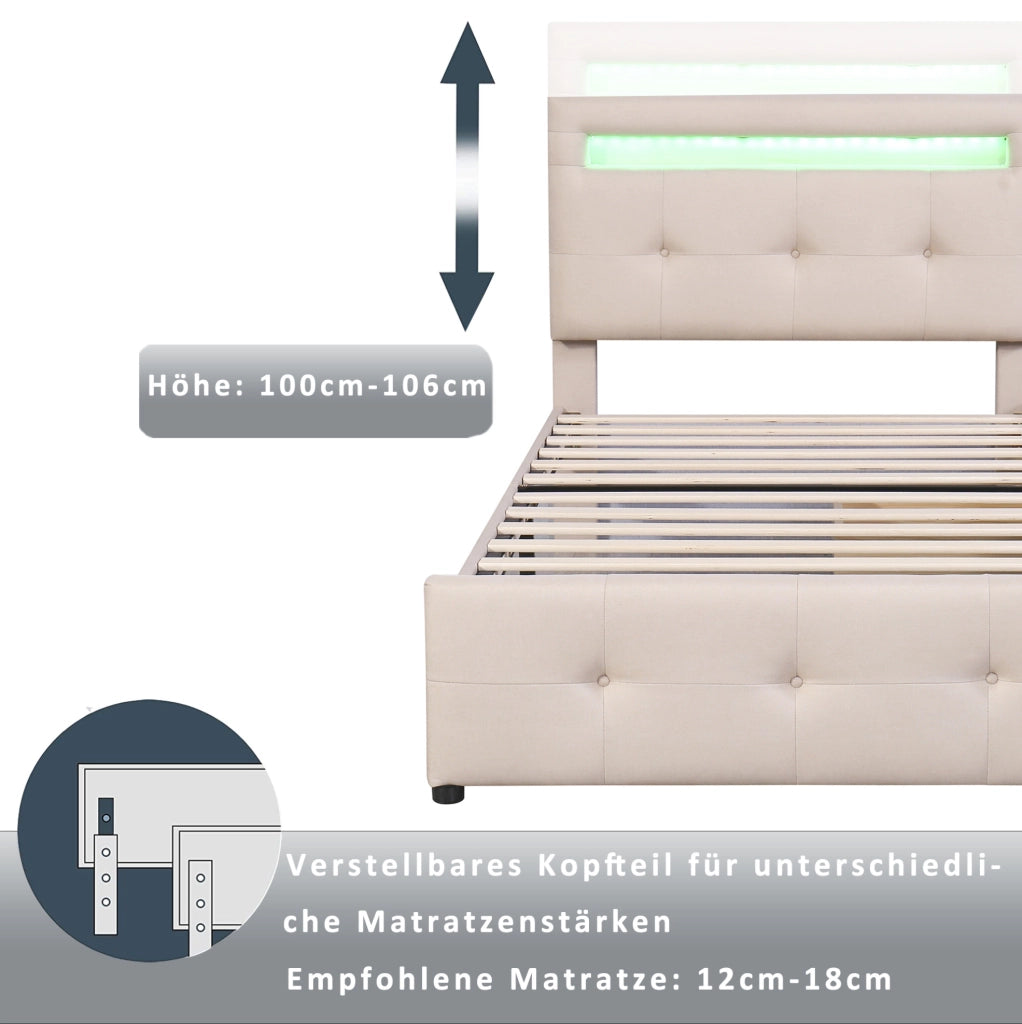 Letto singolo 90x200 cm con LED; 2 cassetti e testiera regolabile; beige