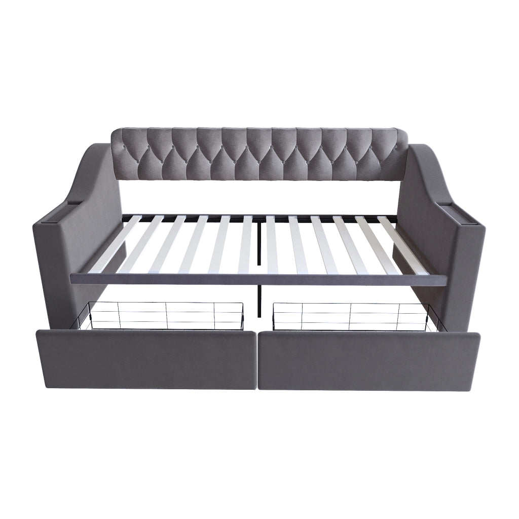DESMIU Divano letto 90 × 190 cm 1 posto con 2 cassetti, porta USB e Type-C, senza materasso, in velluto, grigio