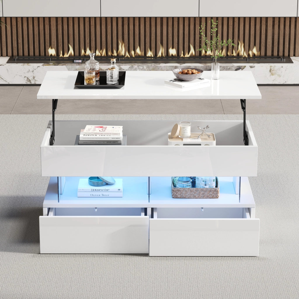 Tavolino da caffè 100 x 50 x 46 cm con piano sollevabile; 2 cassetti; LED; MDF bianco