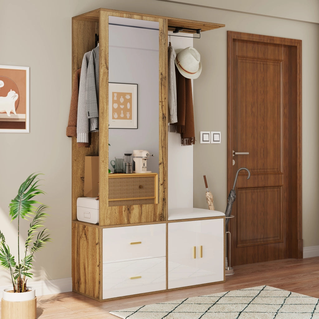 Mobile Ingresso con Specchio; Panca Scarpiera e Armadio Scarpiera con Barra Estraibile; 2 Ganci; Stile Moderno; in Truciolare; 100??38??180 cm; Bianco Naturale