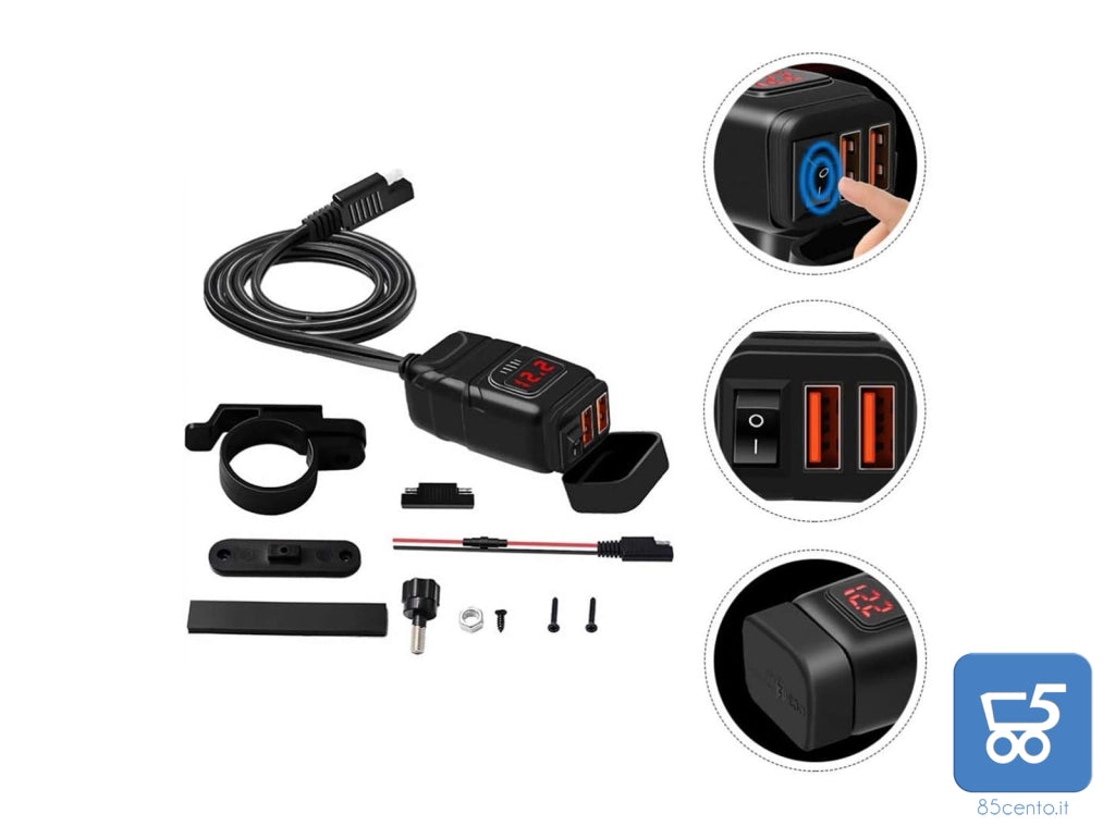 Set Caricabatterie con Spina Din 2 USB QC 3.0 per Auto Moto con Copertura Impermeabile