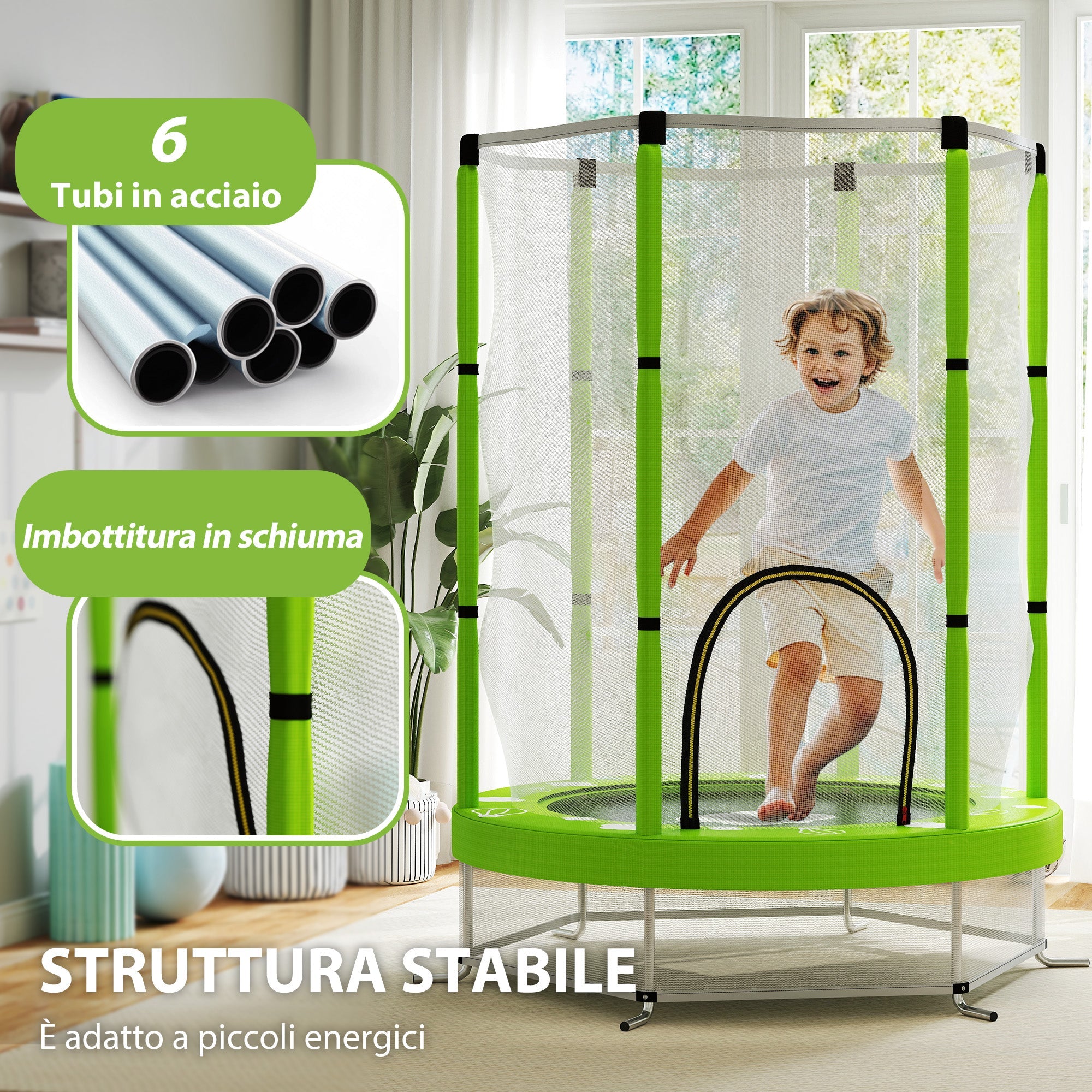 Tappeto Elastico per Bambini 3-6 Anni Ø140x190 cm con Rete di Sicurezza Verde