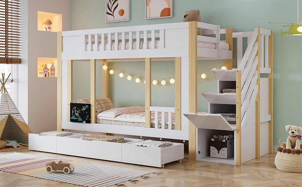 LETTO A CASTELLO BAMBINI 90x200 cm Bianco+Naturale con 3 cassetti e scala contenitore