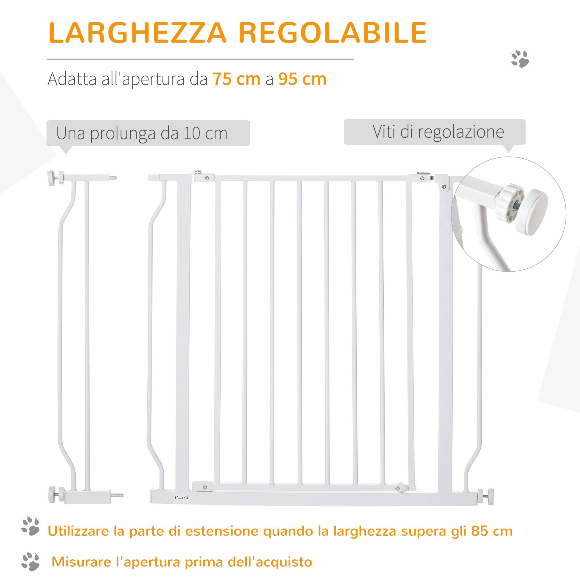 Cancelletto di Sicurezza per Animali Domestici Regolabile 75-95 cm in Acciaio e ABS Bianco