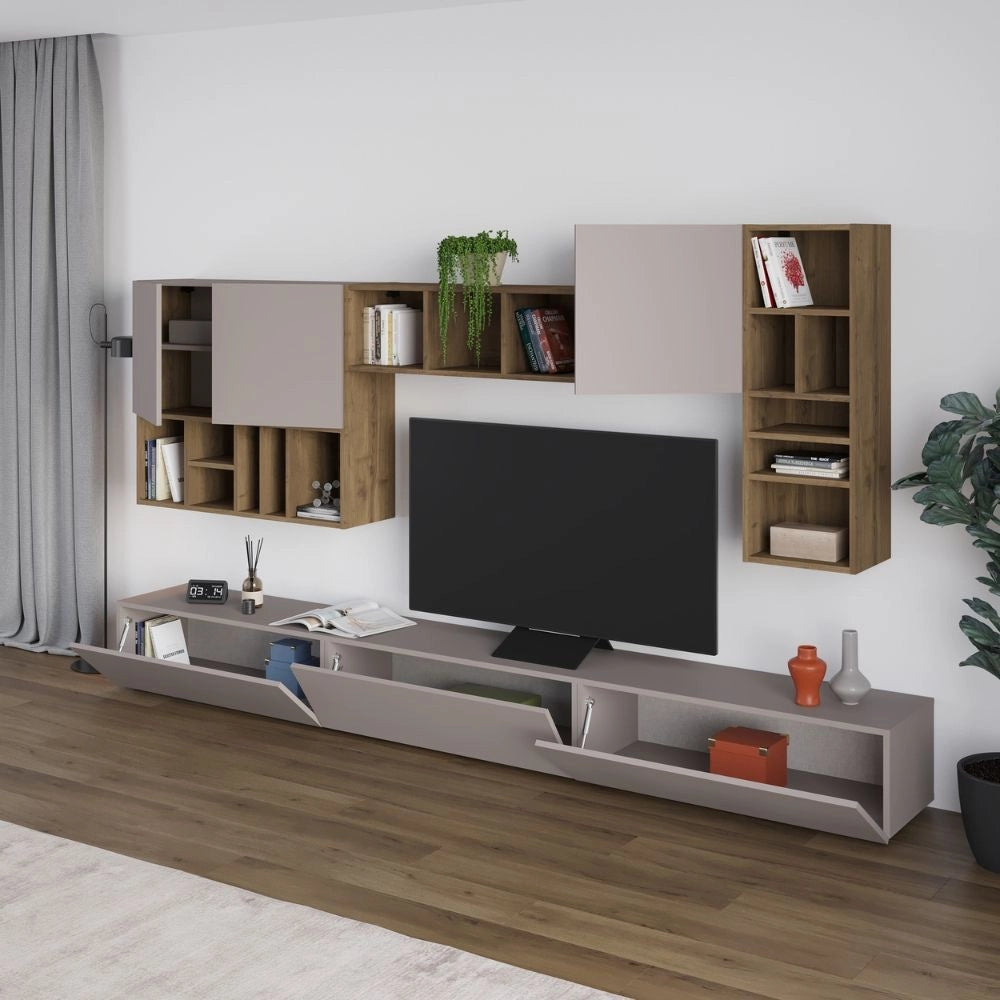 Parete attrezzata Big colore tortora e hitit noce H 192x32.50x300 cm