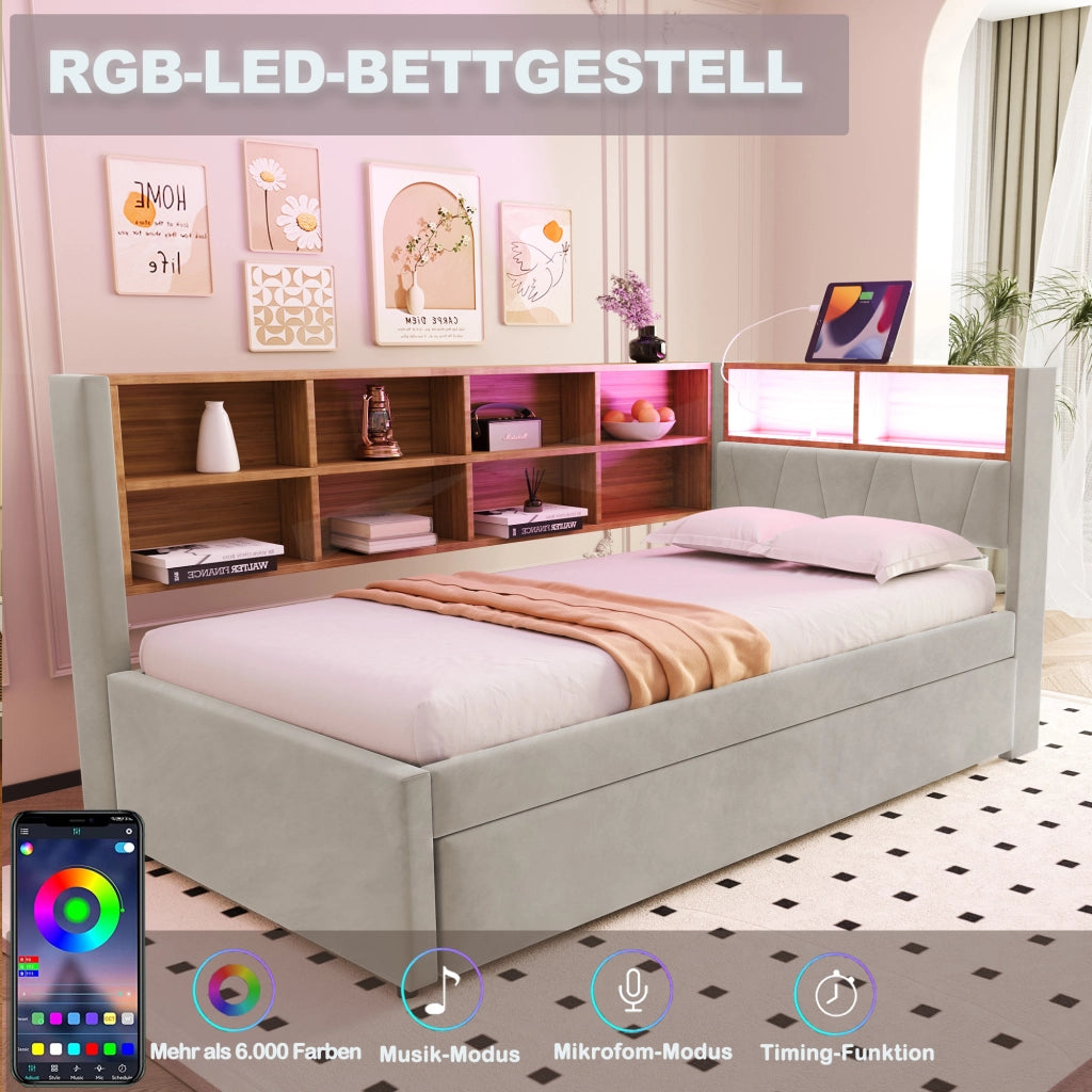 LETTO Divano letto estraibile 90x200 cm con LED e prese Flanella grigio chiaro