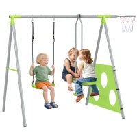 Gioco per Bambini 4 in 1 con 2 Altalene da Giardino, Canestro e Porta da Calcio, 215x180x182 cm, Verde e Grigio