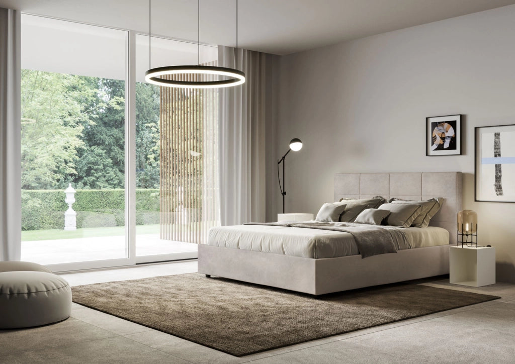 Letto Matrimoniale 160x200 cm con Rete e Contenitore Giroletto con Alzata Comoda Imbottito in Microfibra Mika Sabbia
