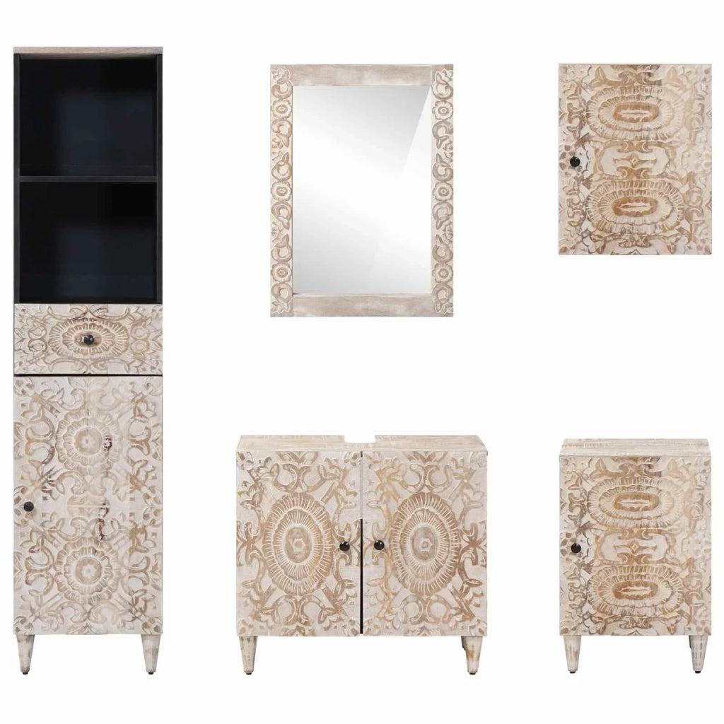 Set di mobili per il bagno 5 pcs Bianco Legno di mango massello