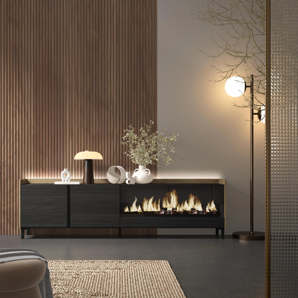 Mobile TV Soggiorno, 212x61x35 cm, Per TV fino a 80", Camino elettrico XXL, Design industriale, LED, Nero e rovere