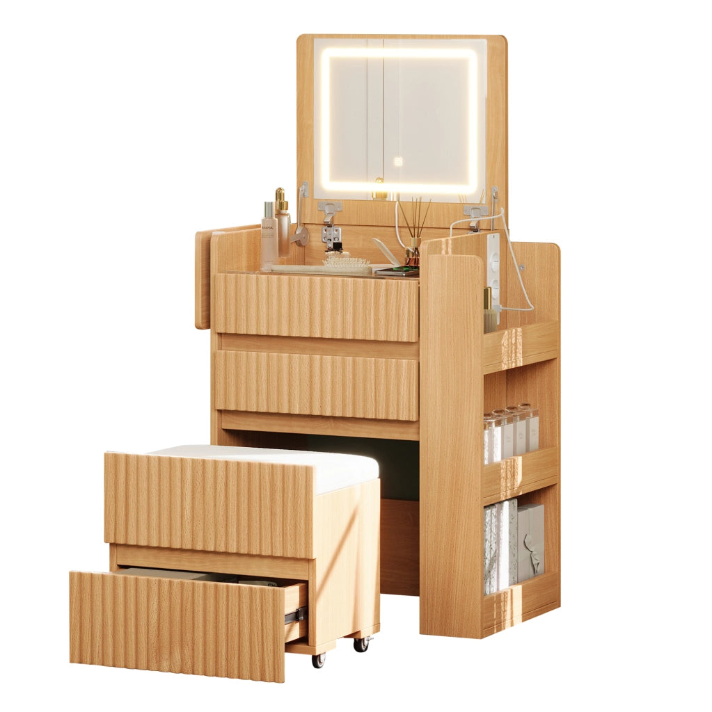 Tavolo da trucco con specchio LED pieghevole; 3 cassetti; USB e Type-C; naturale
