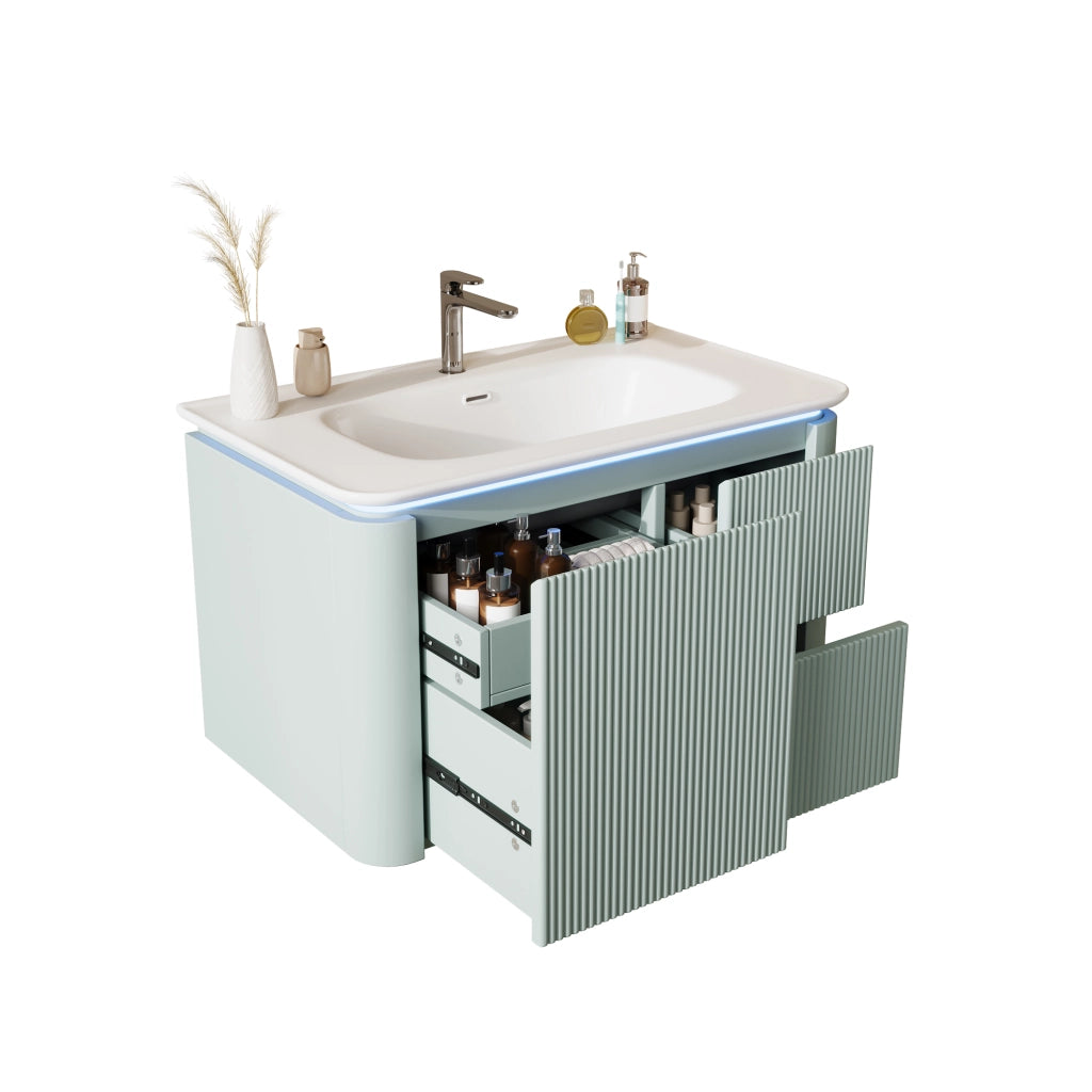 Mobile sottolavabo sospeso con 4 cassetti; luce LED con sensore; struttura verticale; per bagno; 80.5 × 47.5 × 51 cm