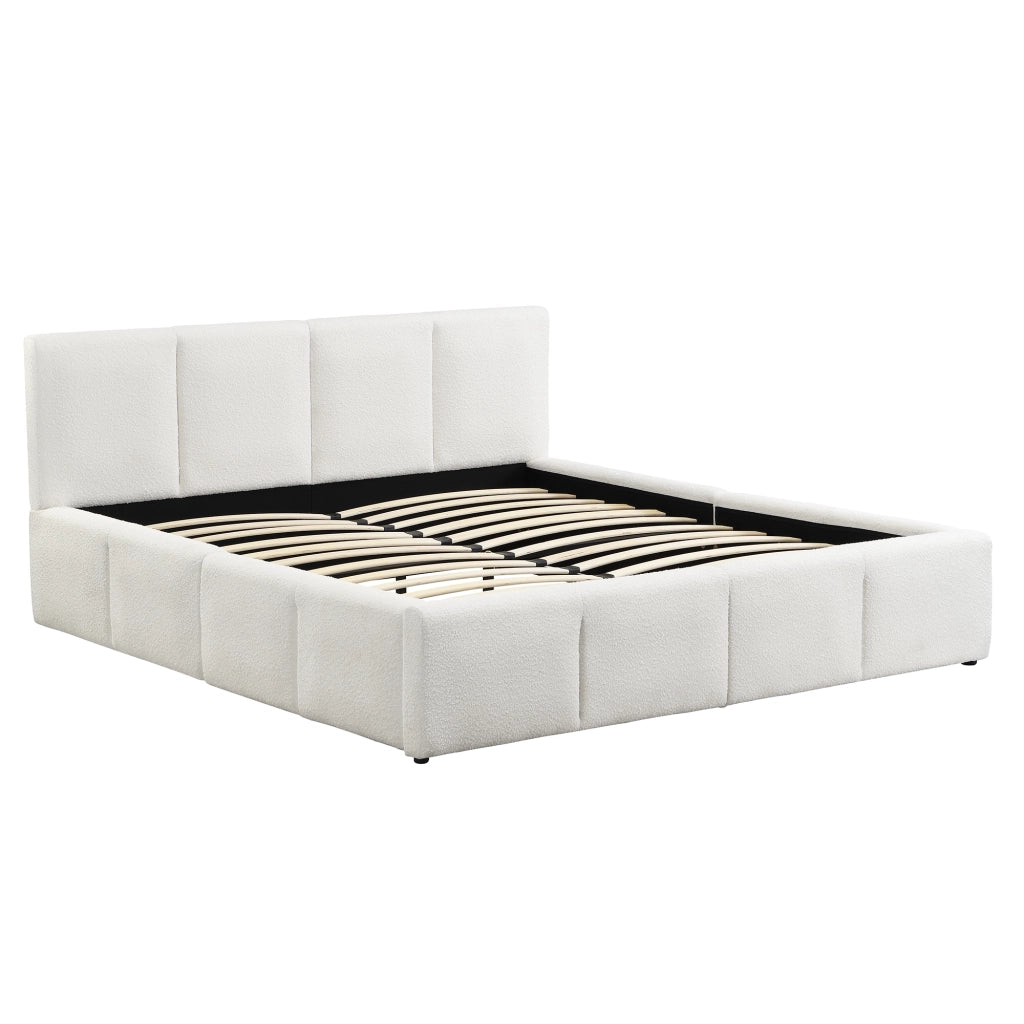 Letto Matrimoniale 180x200 cm; 2 Posti - Testiera Imbottita; Struttura Incassata in Bouclé Beige