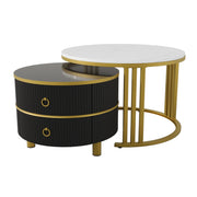Tavolini da salotto impilabili con 2 Cassetti; Piano Lucido ed Effetto Marmo; per Soggiorno; in MDF; Nero
