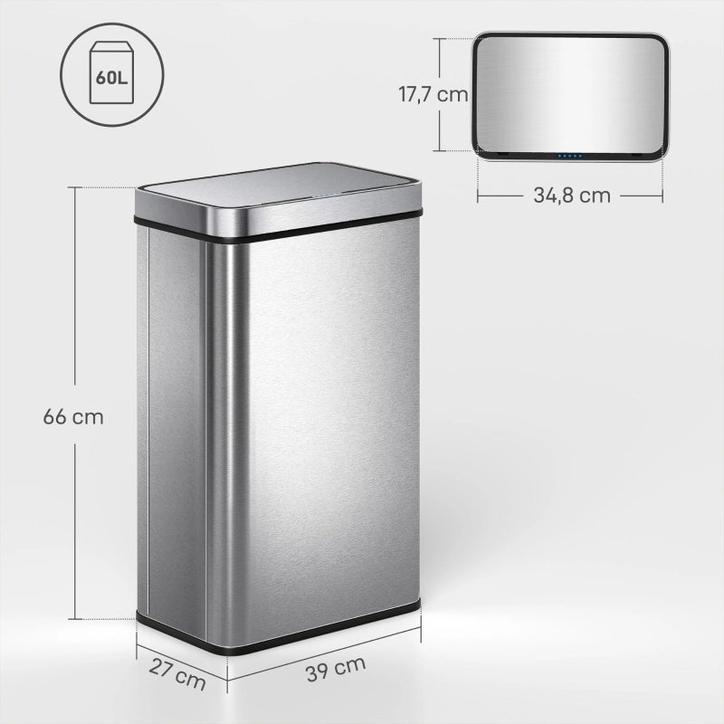 Pattumiera da 60 litri con sensore di apertura, coperchio automatico, in acciaio inox, versatile, colore argento.