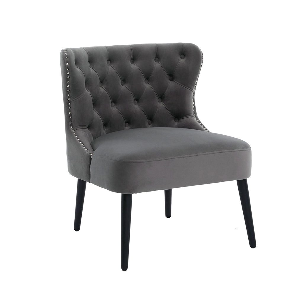 Poltrona singola in velluto con bottoni - Xylo - design moderno senza braccioli, borchia chiodata, piedi in legno