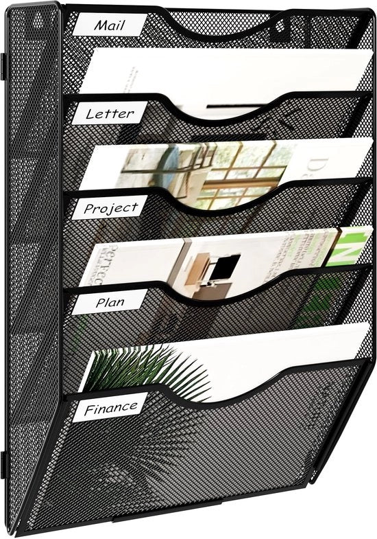 Houder a parete per documenti A4 con 5 cavi per file e etichette, progettato per l'ufficio con design mesh, in metallo nero
