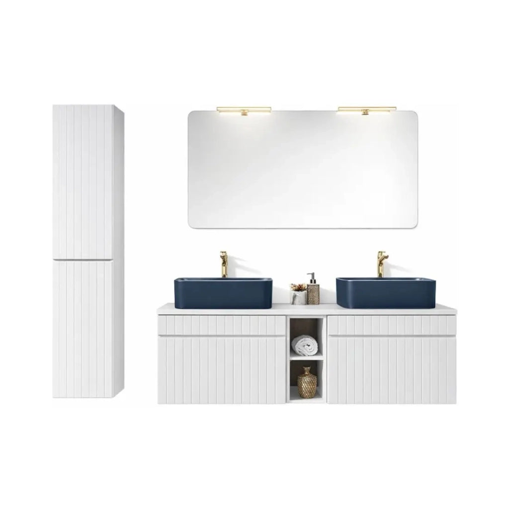 Set ICON bianco: mobili sottolavabo 140cm con nicchie visibili + due lavabi da appoggio blu + specchio + LED + colonna