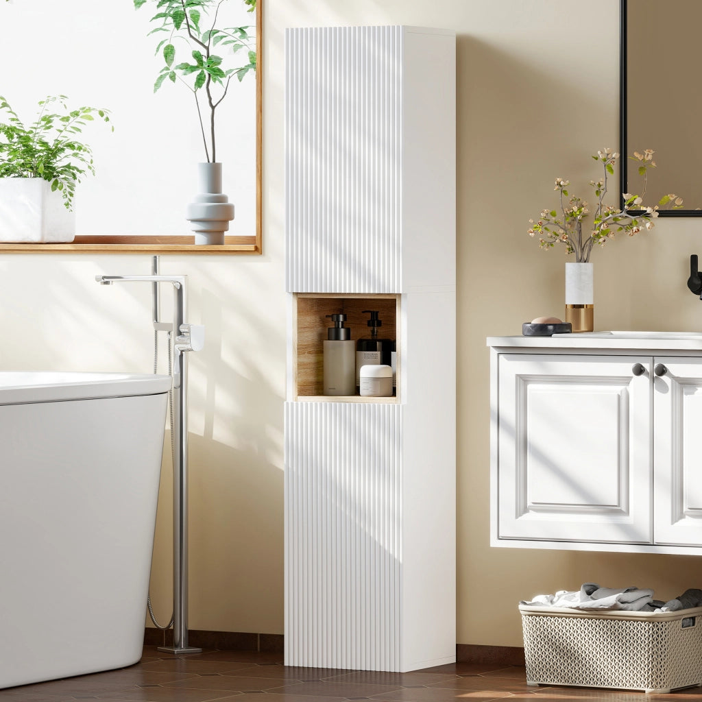 Mobile da Bagno a 2 Ante con Ripiano Aperto e Regolabile ¨C zephmum ¨C Legno, Bianco, 30x24x140 cm