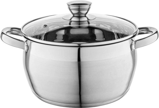 Pentola in Acciaio Inox - 22 cm - Con Coperchio in Vetro e Misurino - Resiste al Lavastoviglie - Adatto per Induzione