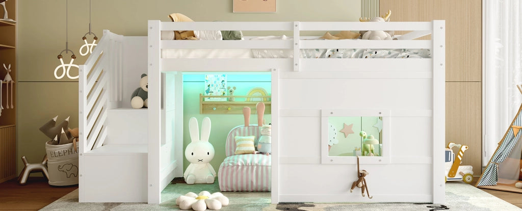 Letto a soppalco 90x200 cm bianco con scala contenitore e finestra