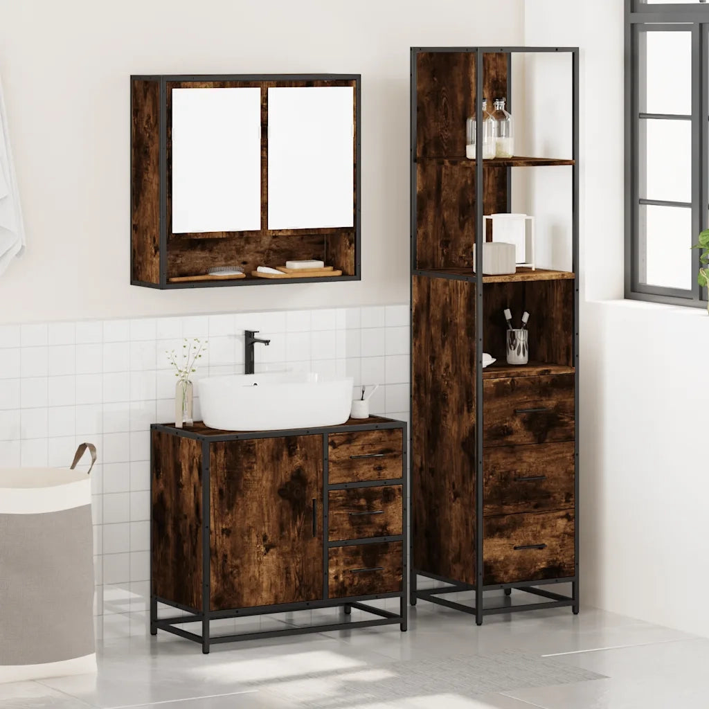 vidaXL Set Mobili da Bagno 3 pz Rovere Fumo in Legno Multistrato