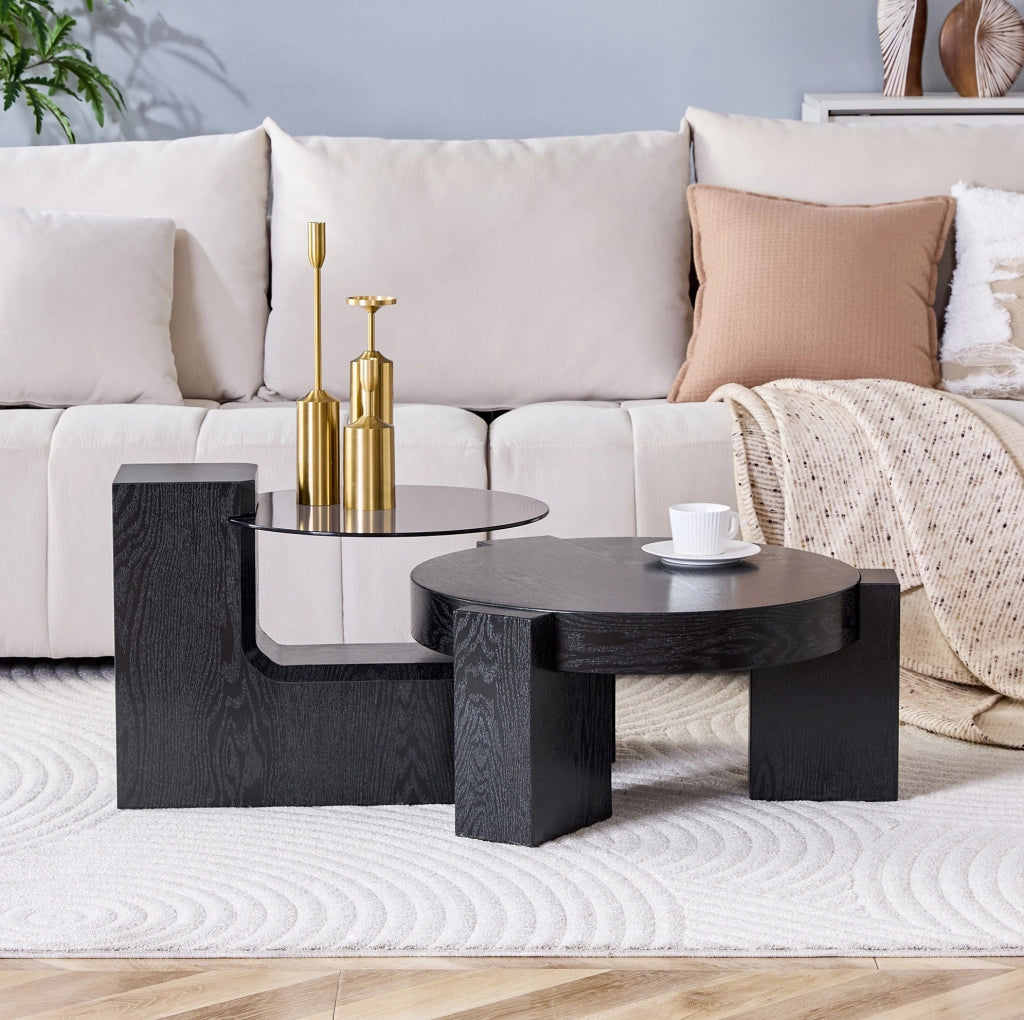 Tavolino da caffè rotondo a due livelli in MDF effetto legno nero e vetro grigio; 61 cm