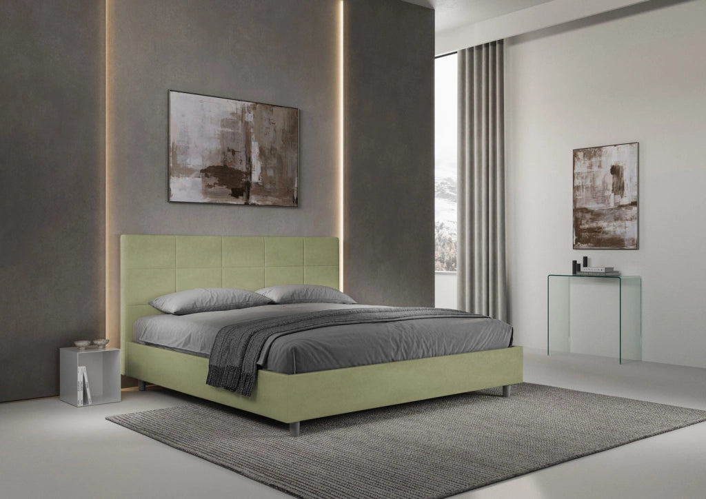 Letto Matrimoniale King Size 180x200 cm con Rete Imbottito in Microfibra Mika Tè Verde