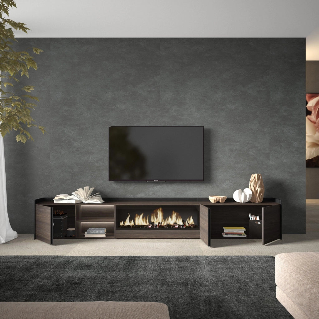 Mobile TV Soggiorno, 315x50x35 cm, Per TV fino a 80", Camino elettrico XXL, LED, Rovere scuro e Nero