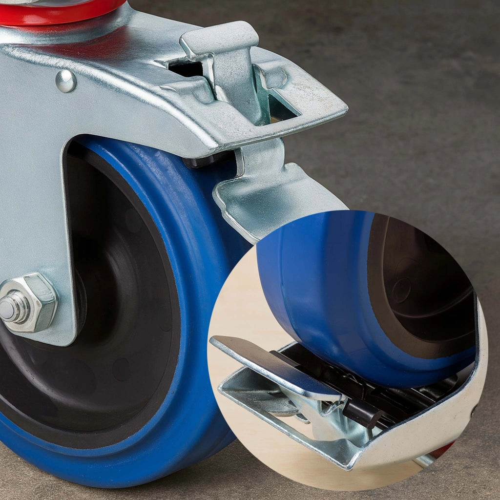 Set 4 ruote girevoli con freno, per trasporto, 200mm, plastica e gomma, max 350 kg a rotella