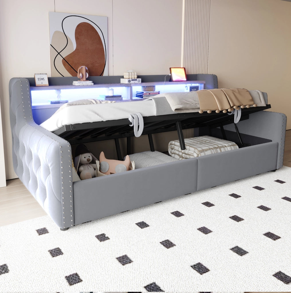 Divano letto imbottito 90x200 cm in velluto grigio chiaro con contenitore; LED e prese