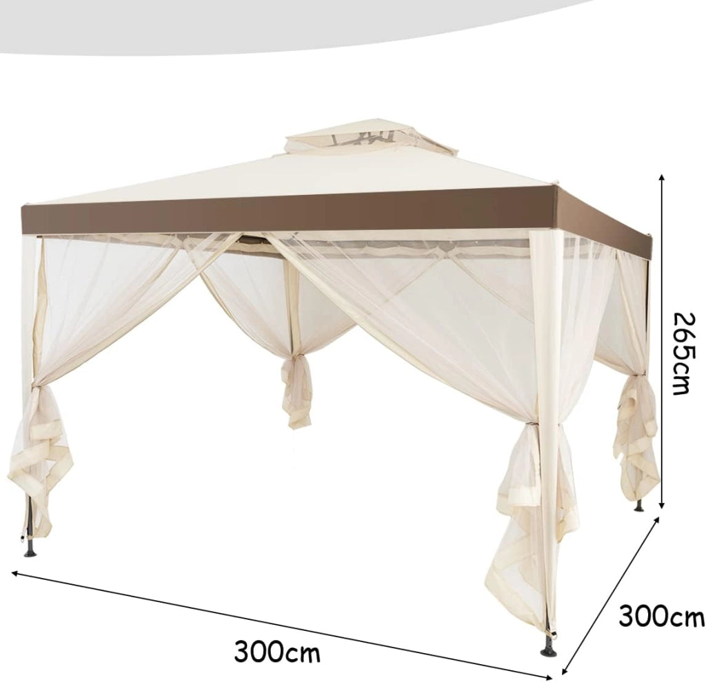 Gazebo da 3 x 3 m, con Doppio Tetto, Tenda da Giardino con Tenda e Pannelli Laterali e Rete, in Metallo, Tenda Gazebo da Esterno Impermeabile e Stabile, Beige