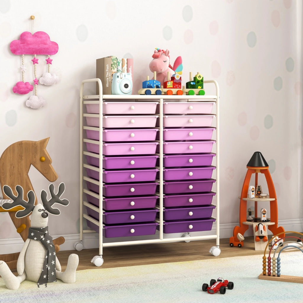 Carrello cassettiera multiuso e leggero con 20 cassetti, Contenitore con ruote per ufficio e casa Viola