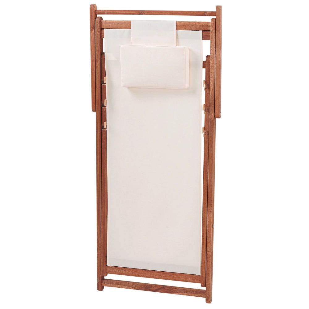 Sedia a sdraio da giardino in tessuto beige cuscino poggiatesta sedile reclinabile pieghevole struttura in legno di acacia