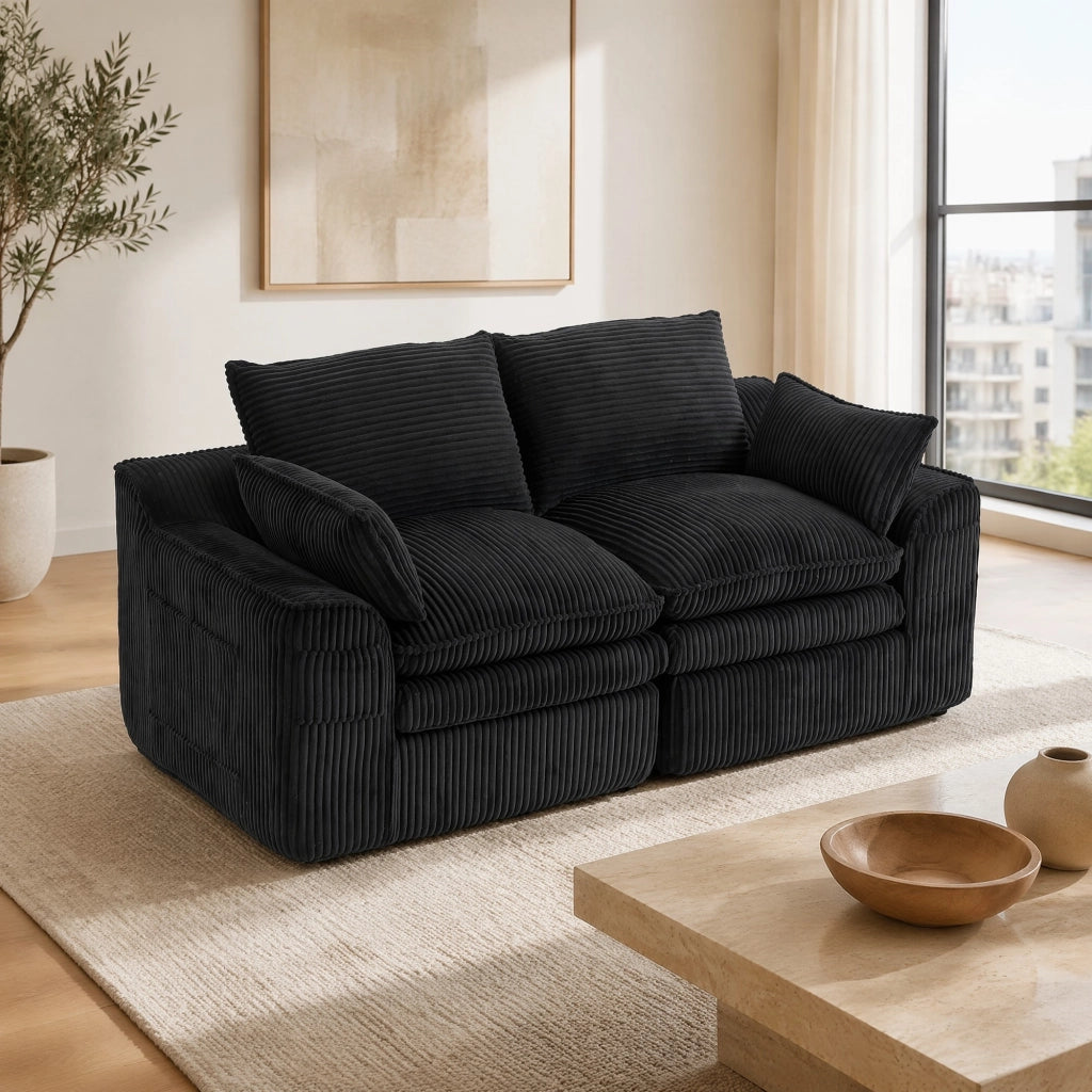 Divano 2 posti modulare in corduroy nero con tasche laterali, cuscini e struttura in schiuma a 3 strati con molle, 191×94×85 cm