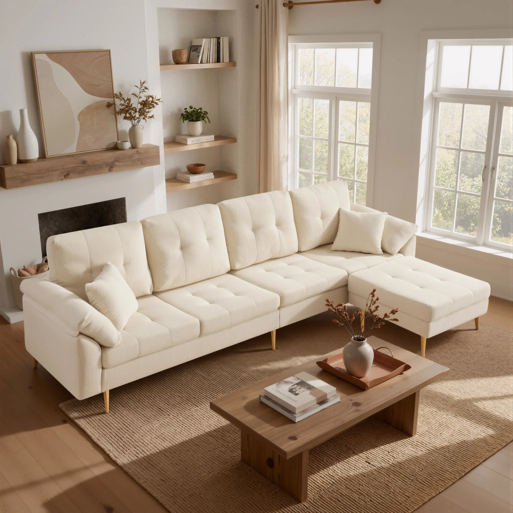 Divano 4 posti in velluto a coste con pouf modulabile; beige chiaro; 250 cm