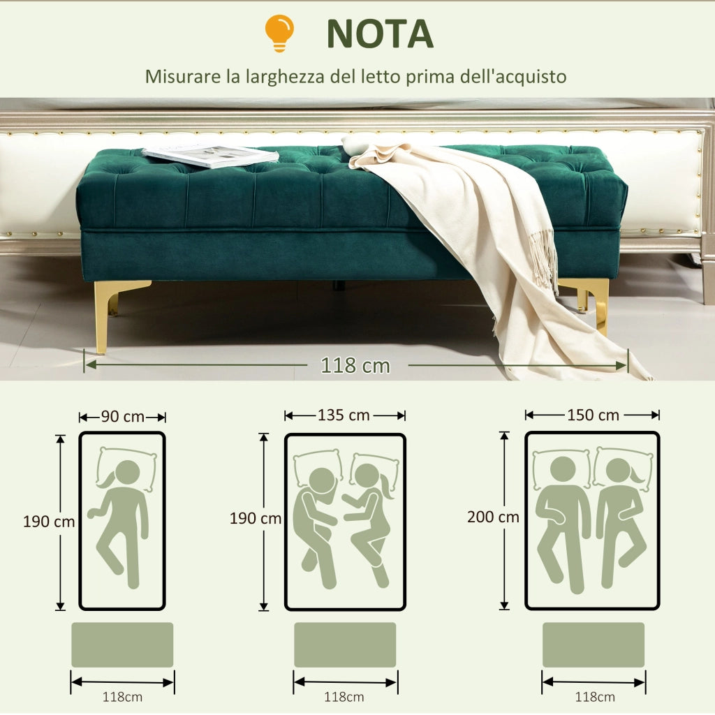 Panca Fondo Letto Imbottita in Tessuto Velluto ¨C Zephmum ¨C Verde Scuro 118x45x42 cm