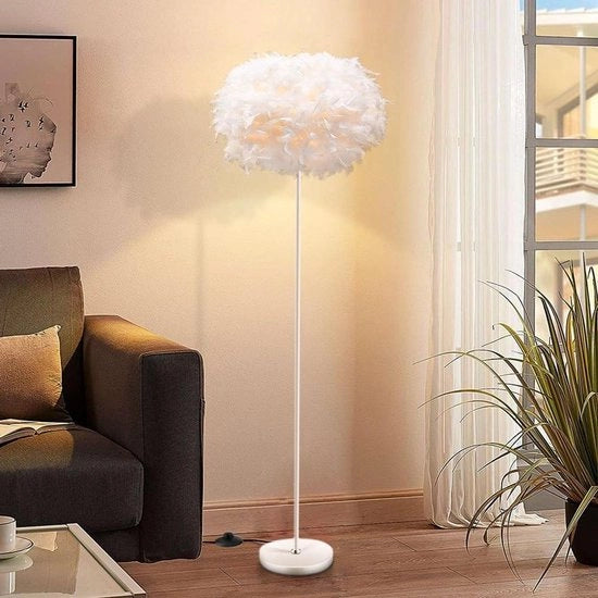 Lampada da tavolo, 140 cm alta, piume bianche, per camera da letto, sala da pranzo, ufficio - Arredamento per la zona giorno con interruttore a pedale