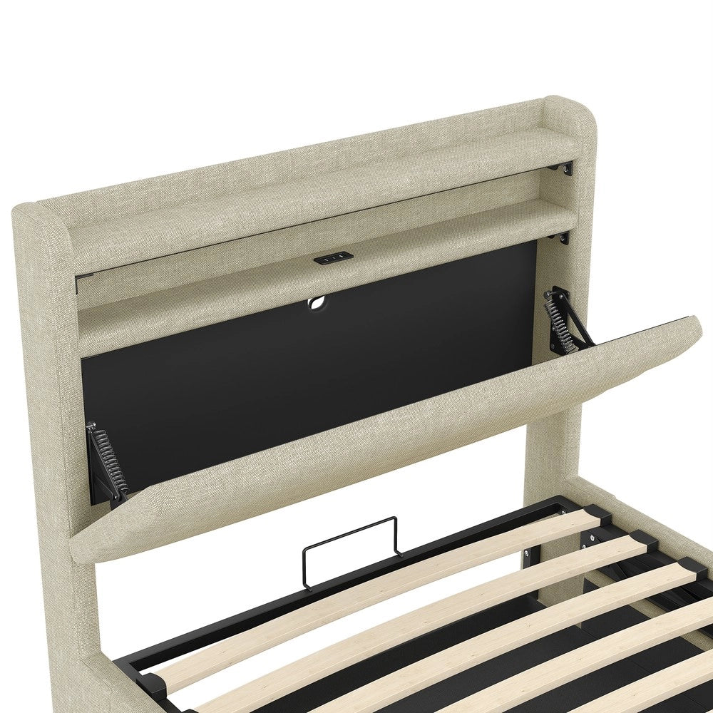 Letto Imbottito con Contenitore ¨C MINIMAL ¨C Tessuto Beige, LED, Idraulico, USB, 90x200