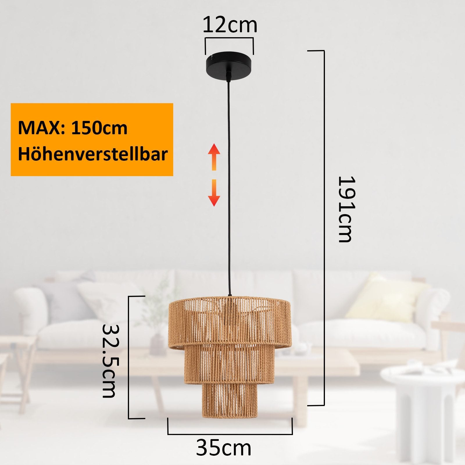 Lampada a sospensione ZMH per sala da pranzo 1 fiamma in rattan beige stile boho per bar e ristoranti