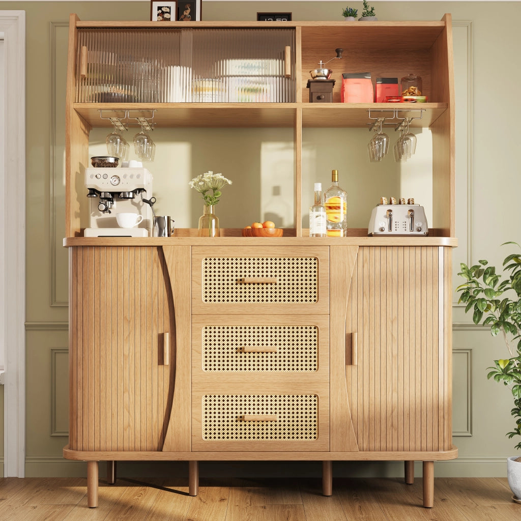 Credenza da cucina con ante scorrevoli in vetro 3 cassetti e vani aperti finitura legno 140 × 40,5 × 174,5 cm