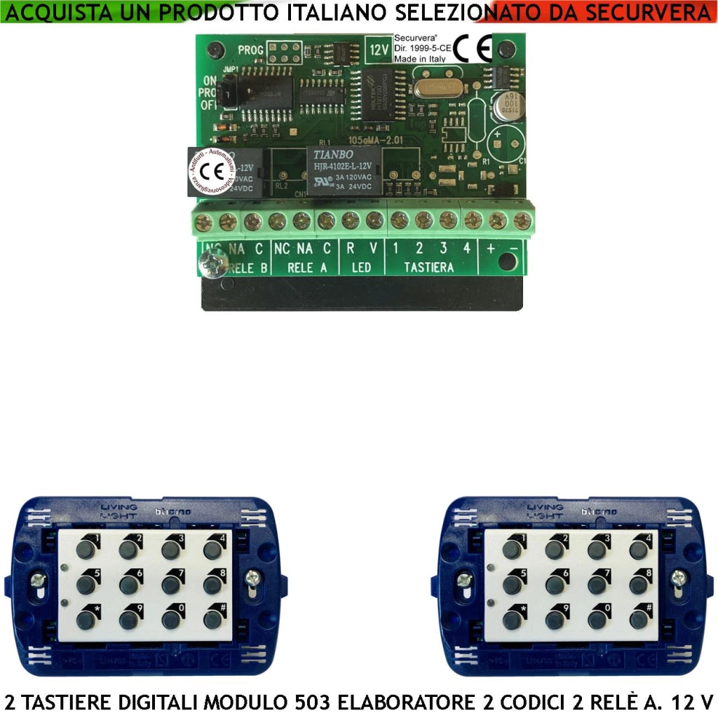 Tastiere Digitali da Incasso 2 Pezzi Per Modulo 503 Un Elaboratore Remoto Gestisce 2 Attivazioni Antifurto Tensione 12 Vdc Codici DTMF 6 Cifre 2 Led e 2 Relè Liberi Con Funzioni Programmabili IP44