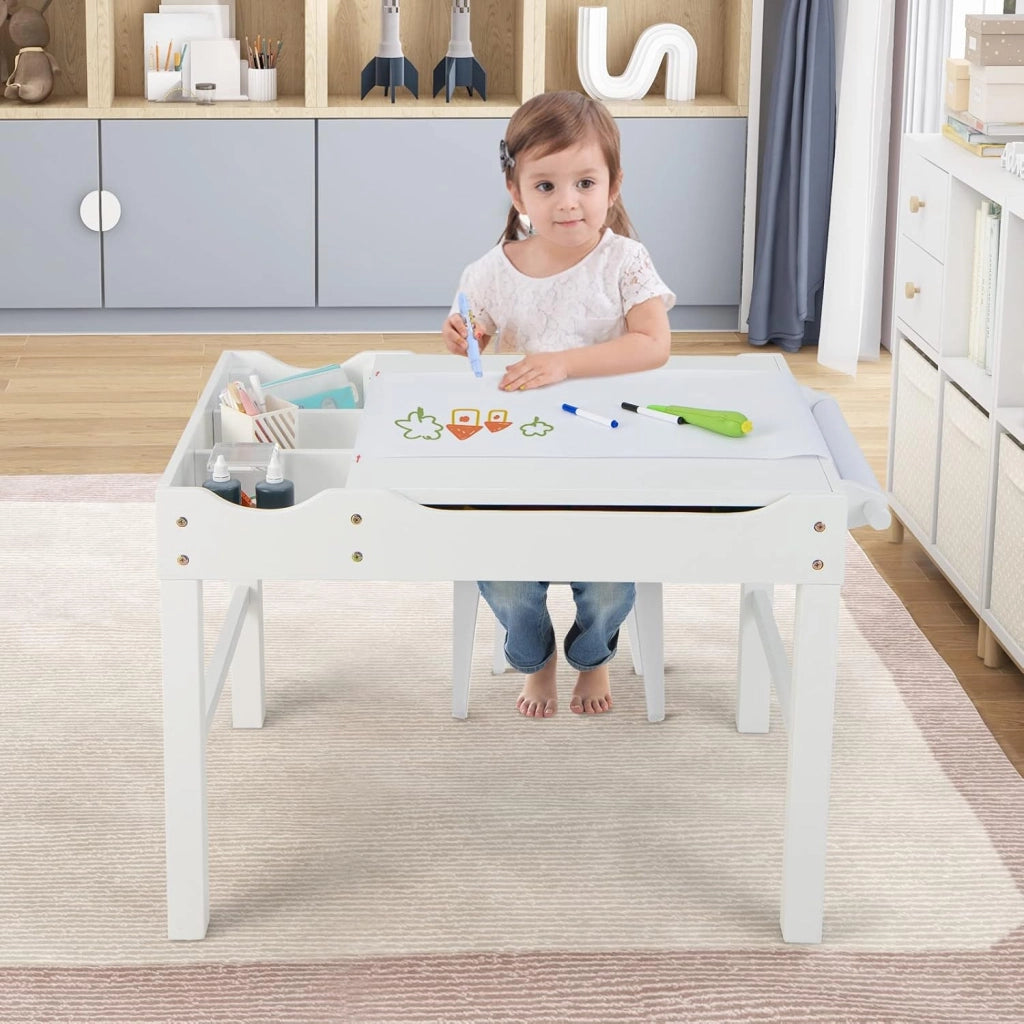 Tavolo da Gioco per Bambini in Legno con Piano Reversibile, Tavolo Multiattività Bambini 2 in 1, Porta Rotolo di Carta da Disegno, per Camera da Letto, Soggiorno (Bianco)