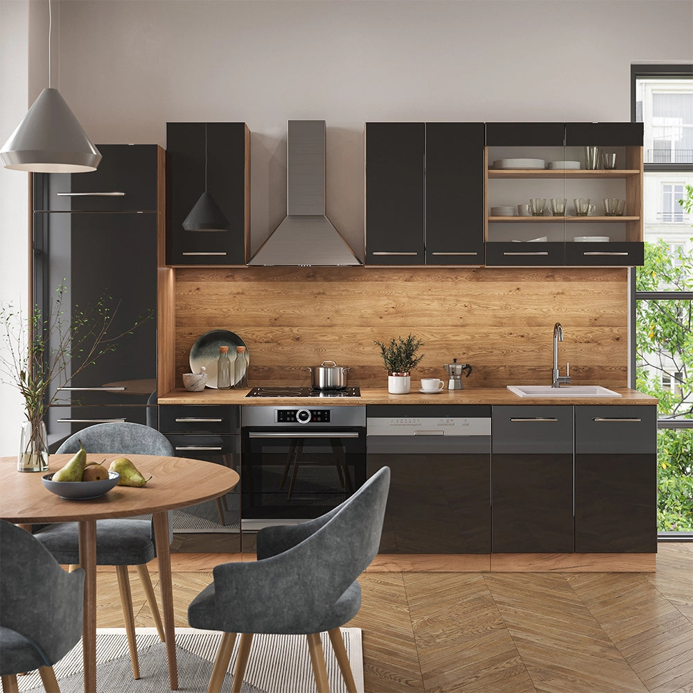 Vicco Cucina componibile Antracite lucido/oro power oak 300 cm senza piano di lavoro