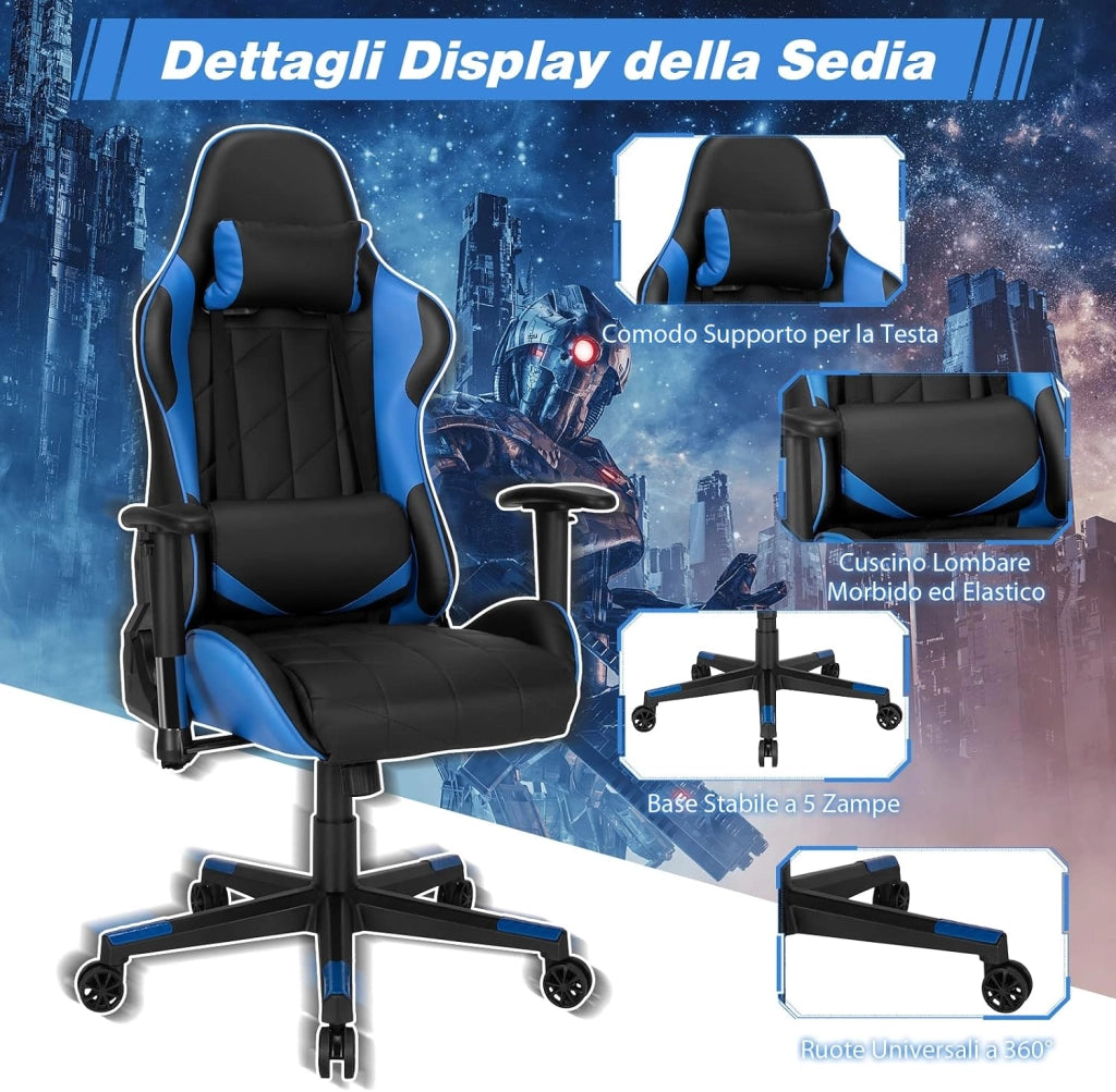 Sedia da Gaming Girevole a 360°, Sedia Ergonomica per Computer per Gaming con Poggiatesta e Cuscino Lombare, Angolo Reclinabile Regolabile (Blu)