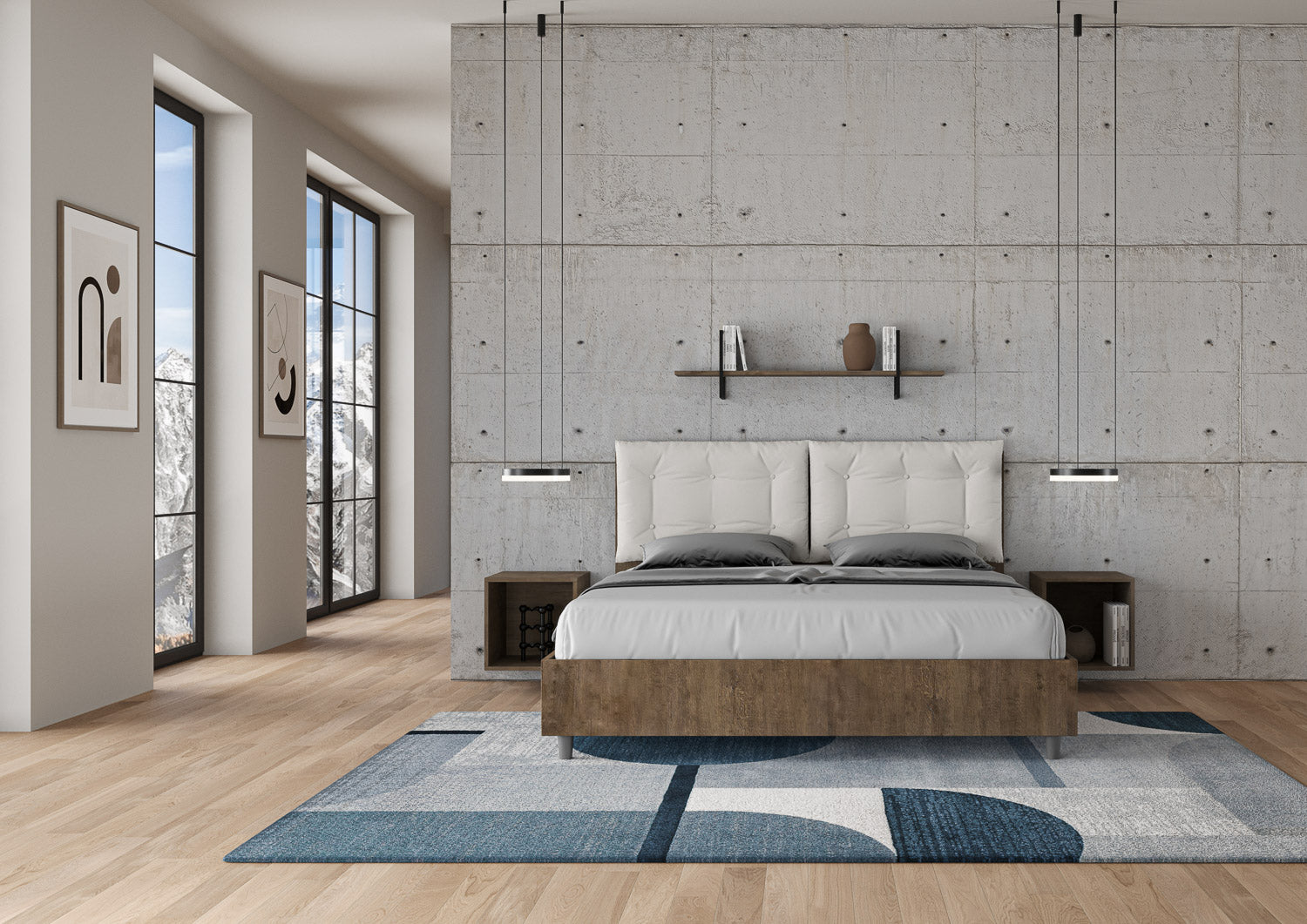 Letto Matrimoniale 160x190 cm con Rete e Contenitore Alzata Comoda Struttura Noce con Cuscini in Similpelle Egos