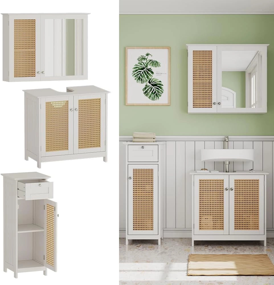 Set di mobili da bagno Rosario, Bianco, 60 cm, composto da mobile sottolavabo, specchiera e mobile medio