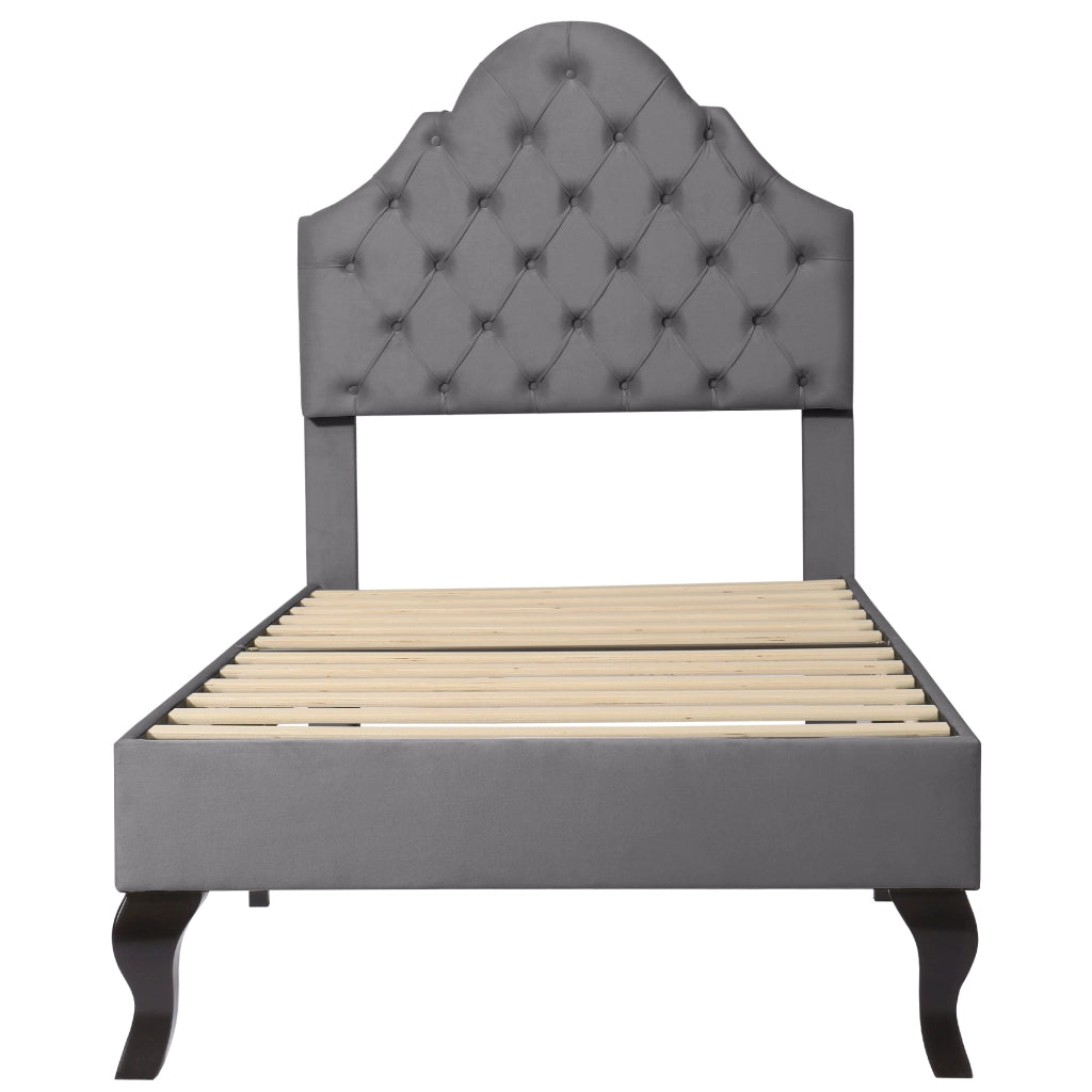 Letto imbottito 90x200 cm in velluto grigio con rete a doghe e testiera regolabile in altezza