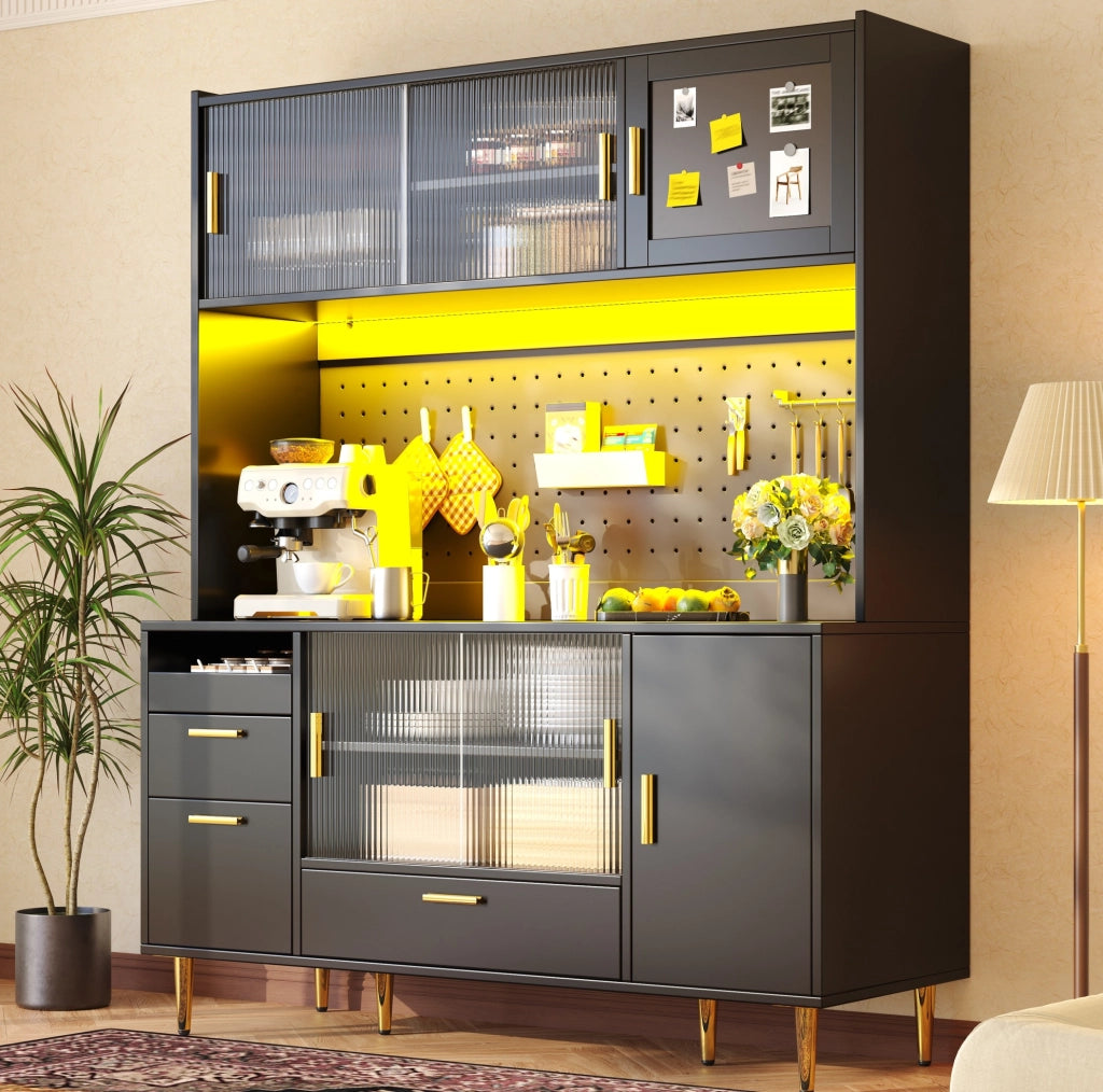 Buffet 140x40x180 cm con illuminazione LED e ante scorrevoli in vetro; MDF; nero