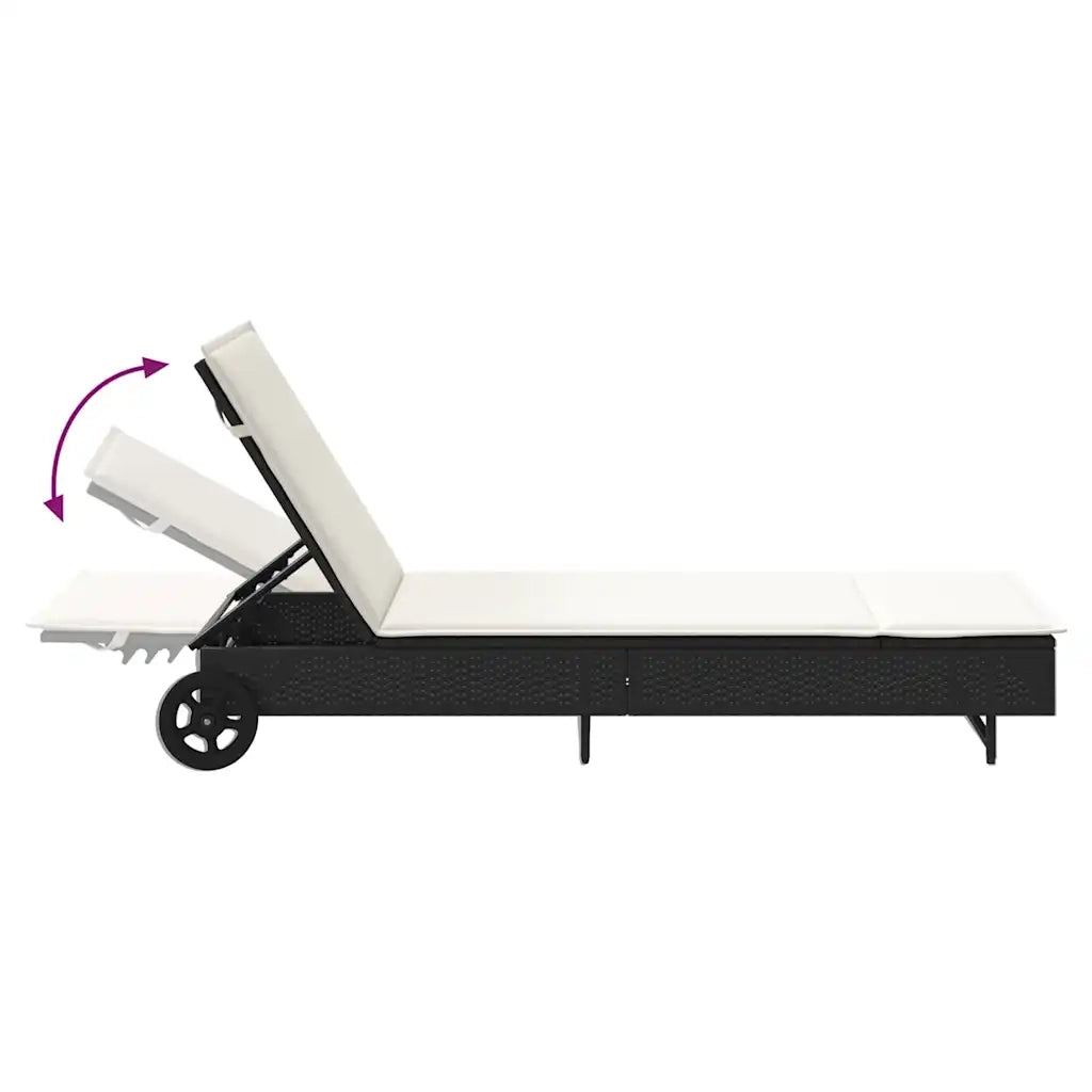 Lettino Prendisole con Ruote e Cuscino in Polyrattan Nero 4104033